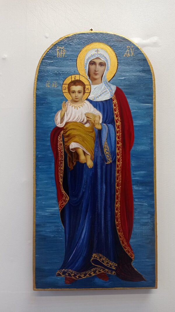Ръчно рисувана икона на Света Богородица на син фон